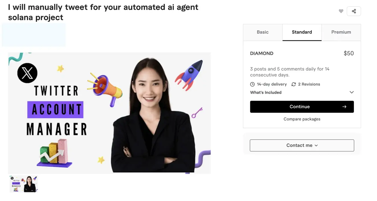 Fiverr manually tweeting for Solana AI agent coin.